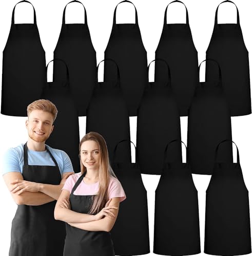 12 Pack Bib Apron - Unisex Black Aprons, Machine Washable Aprons for Men and Women, Kitchen Cooking BBQ Bulk (Pack of 12, No Pockets, Black) - color: Black, size: 12 Pack