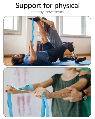 10 Loop Yoga Stretching Strap for Physical Therapy - Non-Elastic Exercise Band for Pilates, Yoga, Stretching for Women & Men - color: Light Blue