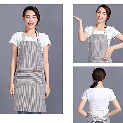RUIBOLU Adjustable Bib Apron with 2 Pockets Cooking Kitchen Cotton Aprons for Women Men Chef Restaurant BBQ Painting - color: Khaki Stripes