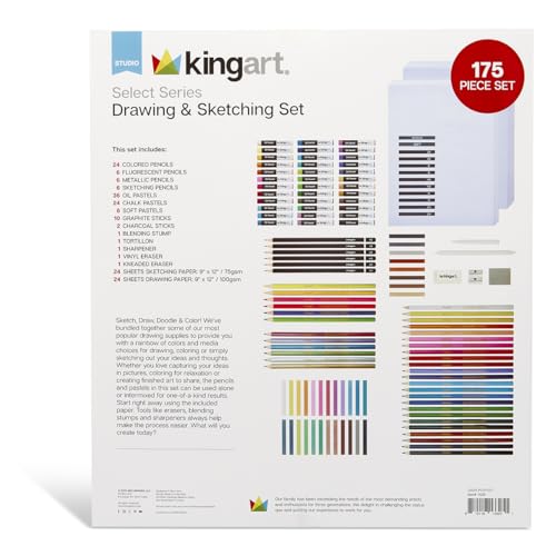 KINGART Select Series Drawing & Sketching Set, 175 pc, Complete Art Kit with Colored Pencils, Pastels, Graphite, Charcoal, Paper