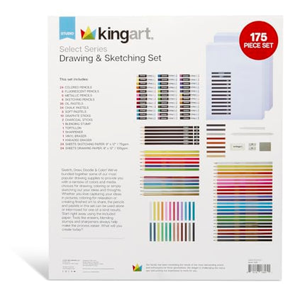KINGART Select Series Drawing & Sketching Set, 175 pc, Complete Art Kit with Colored Pencils, Pastels, Graphite, Charcoal, Paper
