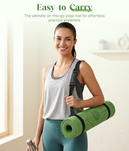 ROMIX Pro Yoga Mat With Alignment Lines, 6Mm Thick Non-Slip Exercise Mat | 72 x 24 In TPE Large Pilates Mat For Home Workout, Stretching, Training, Meditation, Carry Bag Included For Women And Men - color: Green