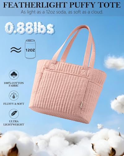 Bagstellar Quilted Tote Bag for Women Teacher Nurse Cotton Laptop Work Tote | Top Zip Closure Puffer Nursing School Travel Tote Bags with 40oz Cup Holder, Lightweight 14” Computer Shoulder Handbag Purses - color: Pink