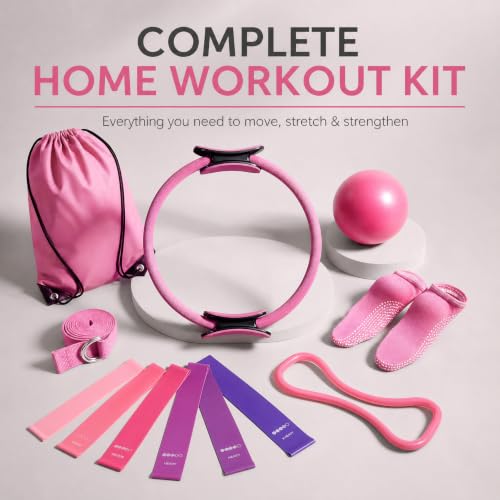Pilates Ring and Ball Set, 6 Pcs Home Pilates Kit with 13” Circle Circle Yoga Ring 3 Resistance Bands 9.8” Pilates Ball Pilates Grip Socks, Pilates Essential Kit for Women Girl Home Workouts - size: 13 PCS
