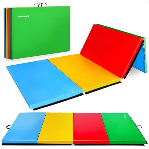 BalanceFrom 10x4 Feet 4-Panel Folding Gymnastics Mat – 2-Inch Thick Pad with Vinyl Surface and Carrying Handles for Tumbling, Yoga, Pilates, Home Workouts, and Martial Arts - color: Multi-Color