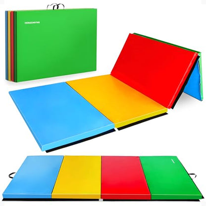 BalanceFrom 10x4 Feet 4-Panel Folding Gymnastics Mat – 2-Inch Thick Pad with Vinyl Surface and Carrying Handles for Tumbling, Yoga, Pilates, Home Workouts, and Martial Arts - color: Multi-Color
