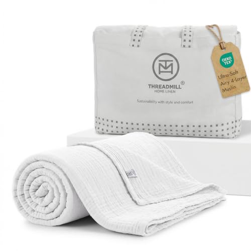 Threadmill Cotton Twin Blanket, Muslin, White, 4-Layer Design, All-Season | 100% Cotton, Muslin Weave, Breathable, All-Season, Lightweight, OEKO-TEX Certified, Machine Washable - color: White, size: Twin
