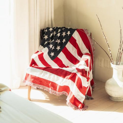 United Estates Flag Woven Throw Blanket - Cotton Blend | Versatile, Multi-Use & Lightweight | Patriotic Blanket for Bed, Sofa, Picnic, Beach, Tapestry, or Gift - color: White, Red and Blue