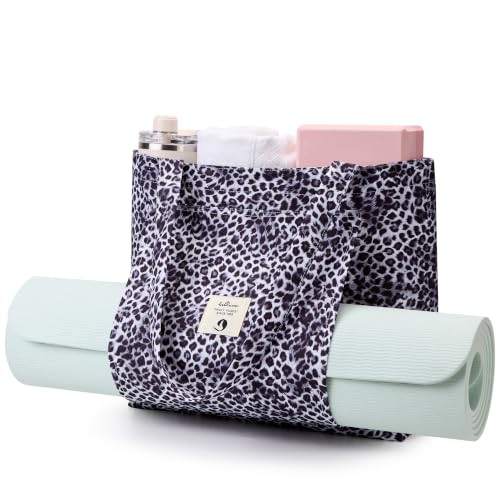 WLLWOO Yoga Mat Carrier Bag for Women Canvas Carryall Tote Gym Pilates | Large Holder Zipper Shoulder for Beach Travel Workout Fitness Office - color: Black Leopard
