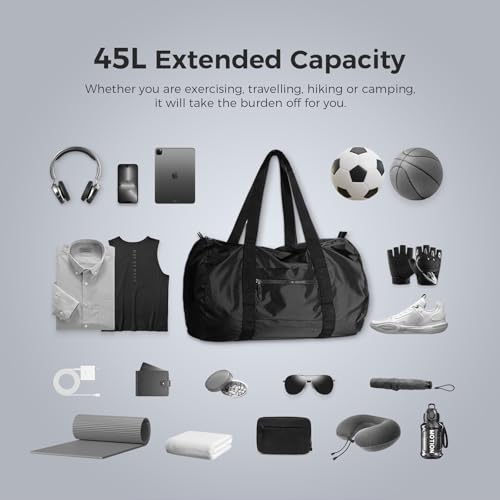 pack all Lightweight Travel Duffel Bag, 45L Foldable Weekender Bag | Ultralight, Packable, Water-Resistant, Tear-Resistant Nylon, YKK Zipper, Luggage Sleeve, For Travel, Camping, Gym, Black - color: Black, size: 45L