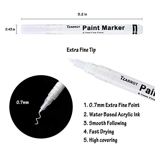 White Paint Pen, 8 Pack 0.7mm Acrylic Paint Pens with 2 White 2 Black 2 Gold 2 Silver Permanent Marker for Wood Rock Fabric Metal Plastic Ceramic Acrylic Markers Extra Fine Tip