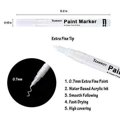 White Paint Pen, 8 Pack 0.7mm Acrylic Paint Pens with 2 White 2 Black 2 Gold 2 Silver Permanent Marker for Wood Rock Fabric Metal Plastic Ceramic Acrylic Markers Extra Fine Tip