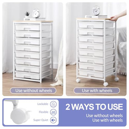 SYKIARIOL Rolling Storage Cart with Drawers, 8 Drawers Utility Cart,White - color: White