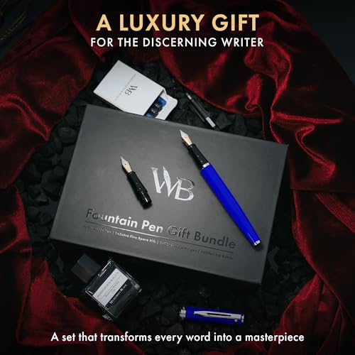 Wordsworth & Black Fountain Pen Gift Set, Medium & Extra Fine Nib, Blue | For Men & Women, Brass Body, 18K German Iridium, Ink Bottle + 6 Cartridges, Converter, Writing & Calligraphy, Journaling - color: Blue Chrome