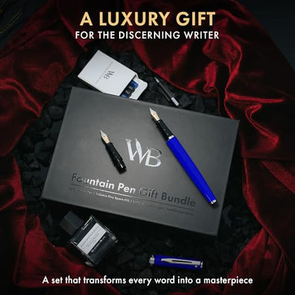 Wordsworth & Black Fountain Pen Gift Set, Medium & Extra Fine Nib, Blue | For Men & Women, Brass Body, 18K German Iridium, Ink Bottle + 6 Cartridges, Converter, Writing & Calligraphy, Journaling - color: Blue Chrome