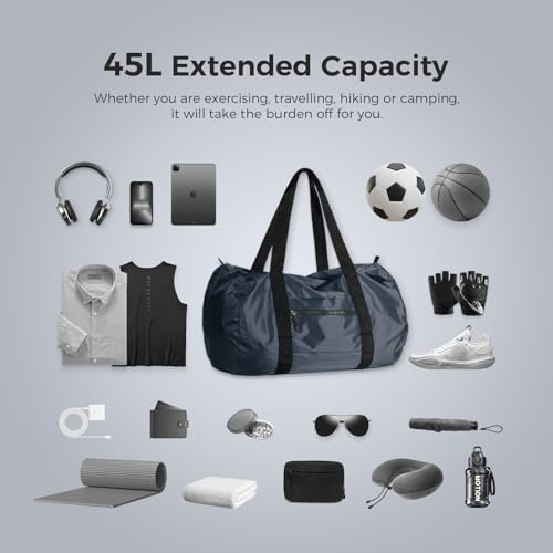 pack all Lightweight Travel Duffel Bag, 45L Foldable Weekender Bag | Ultralight, Packable, Water-Resistant, Tear-Resistant Nylon, YKK Zipper, Luggage Sleeve, For Travel, Camping, Gym, Navy - color: Navy, size: 45L