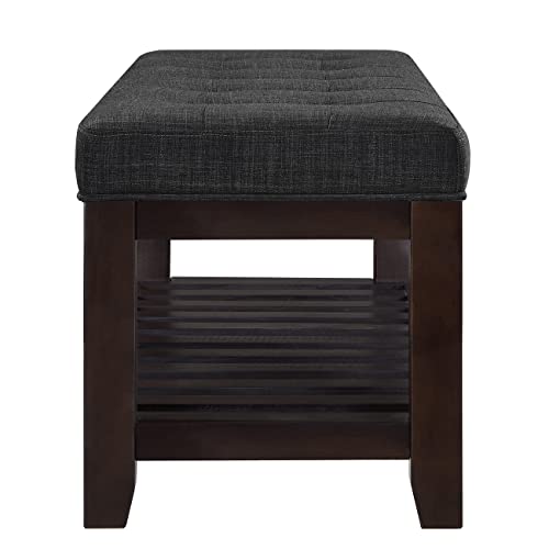 24KF Large Rectangular Upholstered Tufted Linen Ottoman Bench, Padded Bench with Solid Wood Shelf-Dark Gray - color: Dark Gray-bench, size: 16"D x 44"W x 17.5"H