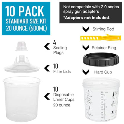 Disposable Paint Sprayer Mixing Cup Kit for Automotive Paint Gun - 10pcs, 20 Ounce, 10 Liners, 10 Lids, 1 Hard Cup, 4 Plugs - size: 10pcs