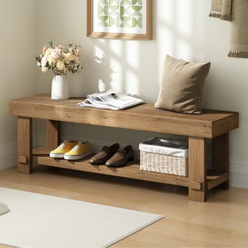 51.2" Solid Wood Bench, Long Farmhouse Narrow Entryway Bench, Natural | with Storage Shelf, Rustic, Easy Assembly, for End of Bed, Indoor, Entryway, Dining Room, Bedroom, Living Room and Hallway - size: 51.2"W