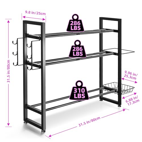 Weight Rack, 3-Tier Gym Organization for Home Gym with Shelf & Hooks