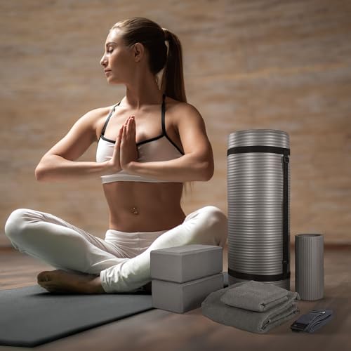 BalanceFrom 7-Piece Yoga Set with 71x24x1 Inches Extra Thick Mat and Carrying Sling – Includes 2 Blocks, Stretch Strap, 2 Towels, and Knee Pad for Home, Studio, and Gym Workouts - color: Gray