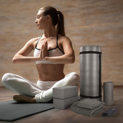 BalanceFrom 7-Piece Yoga Set with 71x24x1 Inches Extra Thick Mat and Carrying Sling – Includes 2 Blocks, Stretch Strap, 2 Towels, and Knee Pad for Home, Studio, and Gym Workouts - color: Gray