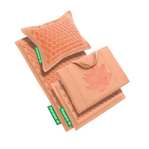 Pranamat Acupressure Large & Small Mat with Pillow and Bag Set, Premium Acupressure Therapy for Pain Relief and Relaxation, Handcrafted in Europe with Sustainable and Natural Materials (Peach) - color: Peach