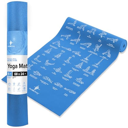 NewMe Fitness Yoga Mat for Women and Men - Large, 5mm Thick, 68 Inch Long, Non Slip Exercise Mats w/ 70 Printed Yoga Poses for Pilates, Workout and Stretching - Home and Gym Essentials - color: Blue