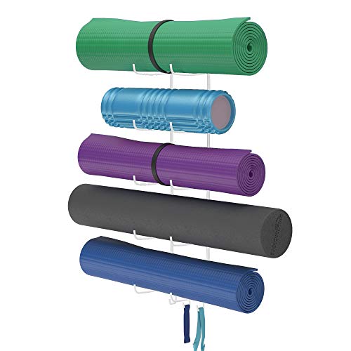 Wallniture Guru Yoga Mat Holder Wall Mount with 3 Hooks for Hanging Yoga Strap, Resistance Bands, 5-Sectional Metal - color: White, size: 31.5'' H | 5 Sectional