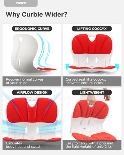 curble Wider – Ergonomic Desk Chair Seat Cushion, Everyday Passive Posture Trainer for Work from Home, Office & Car, Breathable Lumbar Support - color: Red