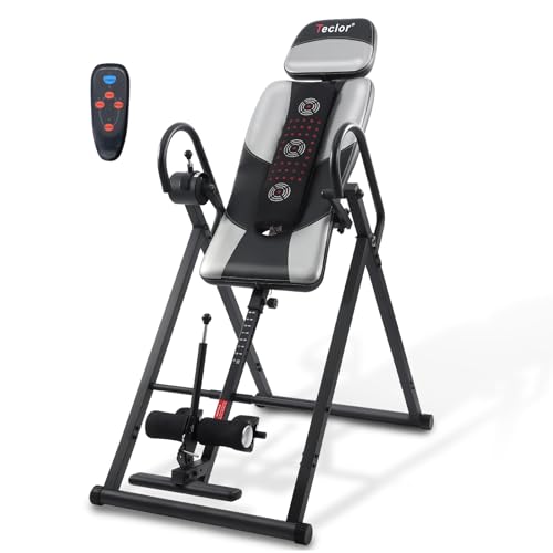 Teclor Inversion Table,Advanced Heat and Massage Function,Strength Training Inversion Table for Back Pain Relief,Heavy Duty Inversion Table 350 lbs Capacity with Wider and Thickened Backrest - color: 실버/블랙.