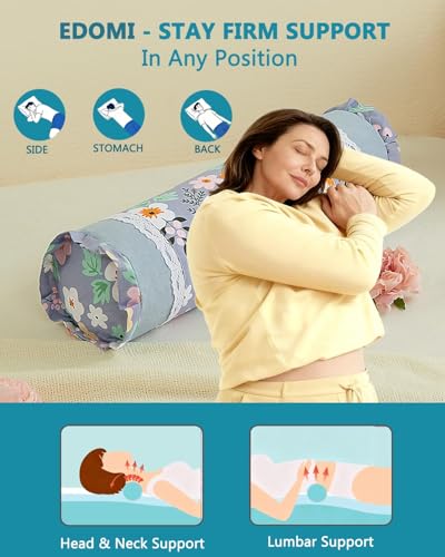 Buckwheat Neck Roll Pillow,15.7"x4.7" Adjustable Hard Cooling Cylinder Neck Support for Sleeping, Yoga Meditation, Removable Soft Floral Pillow Covers, Ergonomic Bolster Pillow for Bed, Blue Flower - color: Flower-blue
