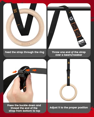 Gonex Wooden Gymnastic Rings with Adjustable Straps, 8.7 ft | Birch Wood Rings, Quick-adjust Carabiners Buckle Numbered Straps, Home Gym & Outdoor Training, Full-body Strength Workouts - style: 32mm Birch Wooden Ring & Buckle Numbered Straps