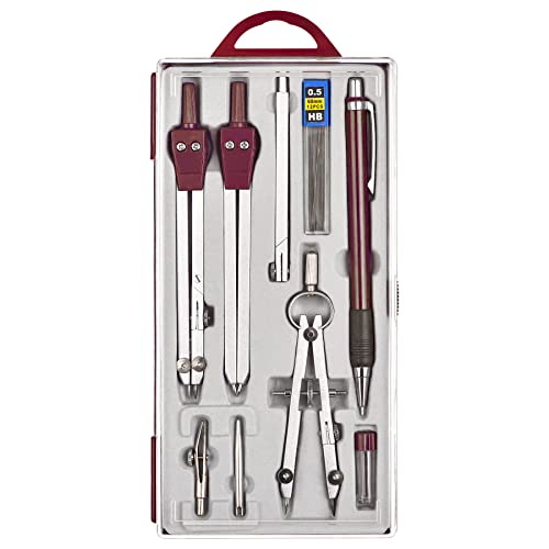 Unjoo 9Pcs Precision Geometry Set Metal Compass,Geometry Tool Set (Brown) | Shatterproof Storage Box, Circle Drafting Tool and Architecture, Drafting Kits for Engineers Students - color: 9pcs-red
