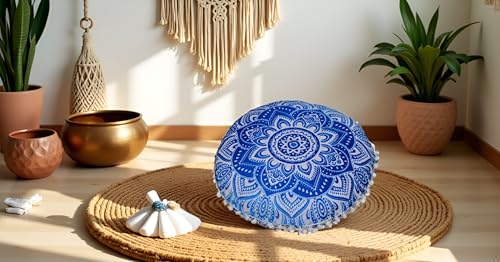 CRAFT KALA 22" Mandala Meditation Floor Pillows Cover Pouf Cover Round Seating Bohemian Mandala Cotton Floor Cushion Cover Outdoor Fireplace Seating Living Room Yoga Room Home Décor (Blue Flower) - color: Blue Flower