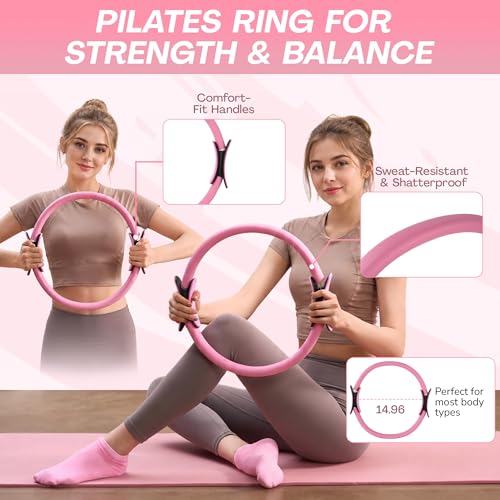 Pilates Kit for Women – Home Pilates Equipment Set with Pilates Ring & Ball, Resistance Band, Ankle Resistance Bands with Cuffs, Grip Socks & Massage Ball – Full Body Home Workout Essentials