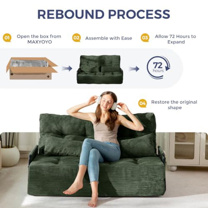MAXYOYO Adjustable Folding Sofa Bed Couch with 2 Pillows, Dark Green | Multi-Functional Bean Bag Bed, 5-Position Foldable Lazy Floor Sofa Bed with Armrest, Versatile Floor Seating for Reading - color: Dark Green