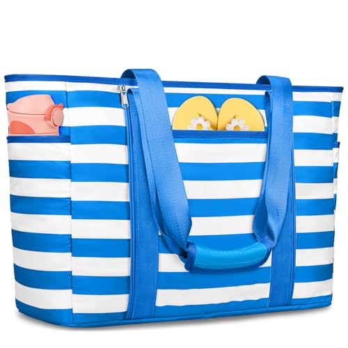 Extra Large Beach Bags for Women, Waterproof Sandproof Beach Tote Bag Foldable Swim Pool Bag with Zipper and Wet Pocket - color: Blue and White