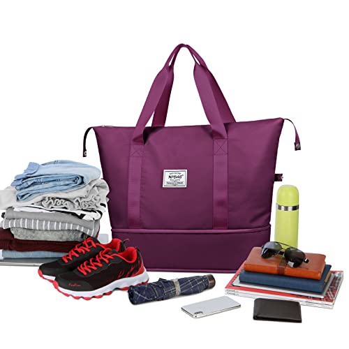 NPBAG Women Travel Duffel, Multi Functional Large Expandable Weekender Carry-on Tote, Gym Workout Overnight Bag, Mommy Hospital Bag for Labor and Delivery - color: Basic-Purple, style: Basic Version