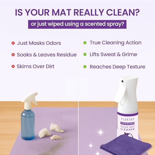 Flexies Foaming Yoga Mat Cleaner Spray Kit, Plant Based Non Toxic Mat Cleaner with Brush and Microfiber Cloth, Yoga Essentials for Women and Men, Pilates Mat Care, Lavender - color: Lavender