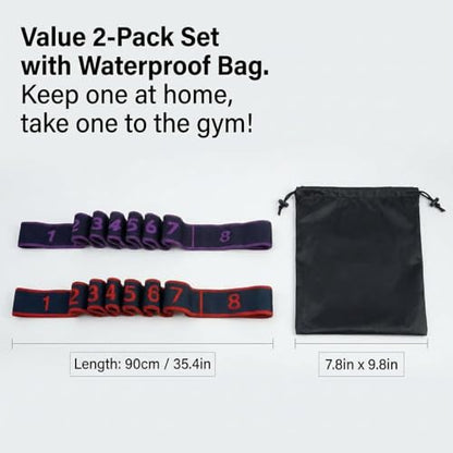 2Pcs Fitness Resistance Band for Stretching and Yoga, Numbered Resistance Band with Loops & Waterproof Portable Bag, 8 Segment Elastic Strap for Pilates, Dance & Physical Therapy