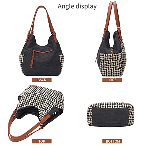Worldlyda Women Canvas Hobo Purse Multi Pocket Tote Shopper Shoulder Bag Casual Top Handle handbag with Embroidery Ethnic - color: Be06black-houndstooth
