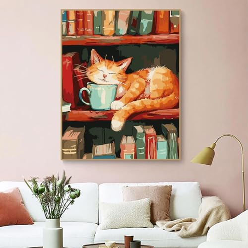 ZRIZQ Paint by Numbers Kit for Adults Beginner,Cat Books,16x20 | Full set with wooden brushes,rolled canvas,rich paints.Calming activity.Beginner friendly.Just open and paint. - color: 16"X20"Rolled Canvas(Frameless)-Cat Book