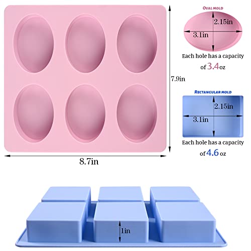 Sakolla 2 Pack 6 Cavity Silicone Soap Molds Rectangle Oval Silicone Molds Loaf Handmade Molds for Soap Making Supplies DIY Pudding Cake Chocolate Cornbread Biscuit Jelly - color: Rectangular+Oval/Pink & Blue