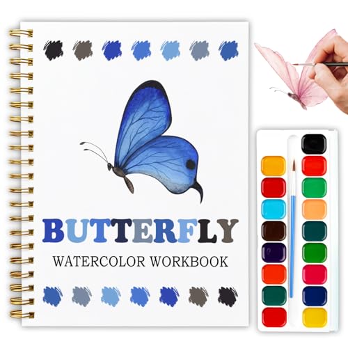 Butterfly Watercolor Workbook, Water Coloring Book, 12 Patterns, Watercolor Kit for Beginners, DIY Art Gift for Women and Adults, Stress Relief Watercolor Workbook, Garden and Nature Lover Kit ﻿ - color: Blue-Butterfly