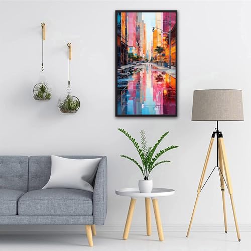 ARTGOTO Large Paint by Numbers for Adults Colorful Cityscape | 15.7x27.5inch/40x70cm Paint by Number Kit on Canvas, Urban Street Reflection Acrylic Painting Set with Brushes, No Frame - color: PBN064