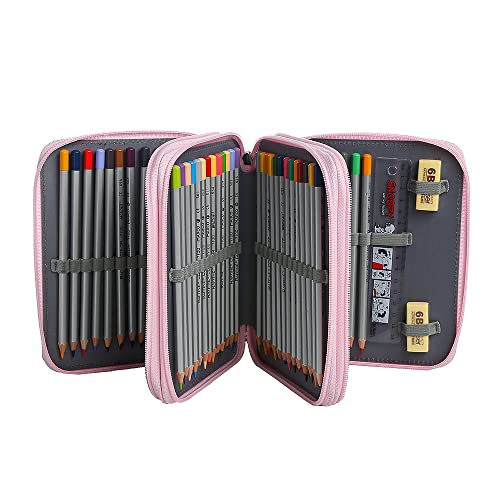 72 Slots Pencil Case Organizer w/Removal Handle Strap | 3-Layer Zipped Pencils Box Large for Colored Pencils Watercolor Pencils for Office and Travel for Artist - color: Pink+Flower