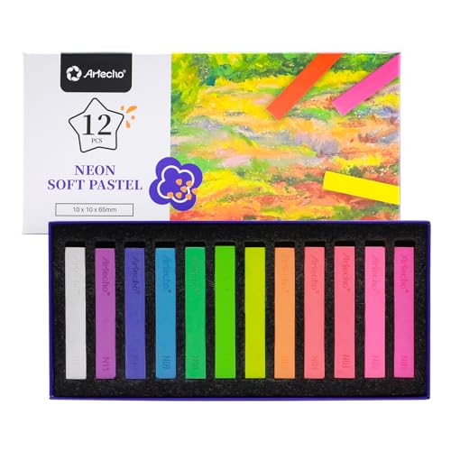 Artecho 12pcs Neon Soft Pastels, Square Chalk | Drawing, Blending, Layering, Shading - style: 12 neon colors long
