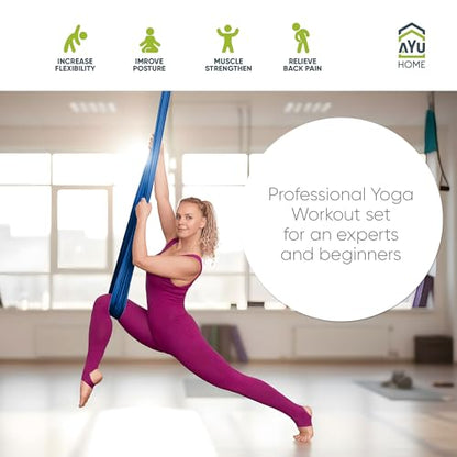 AyuHome Aerial Silks Yoga Swing Aerial Hammock Kit for Home | Premium aerial silks yoga swing kit with rigging hardware for aerial yoga, gymnastics, and home fitness - color: Aerial silk - Precious Blue - New