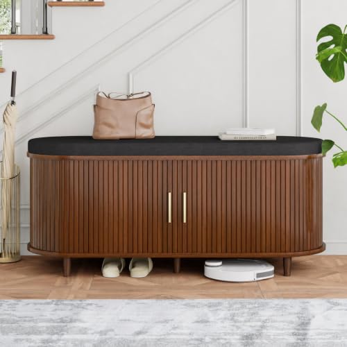 DHH 2-Tier Storage Bench,Wide Shoe Bench with Thickened Padded Seat Cushion, Mid Century Modern Fluted Sliding Door and Adjustable Shelf, for Entryway, Living Room, Bedroom (Walnut, 43.3“) - color: Walnut, size: 43.3 inch